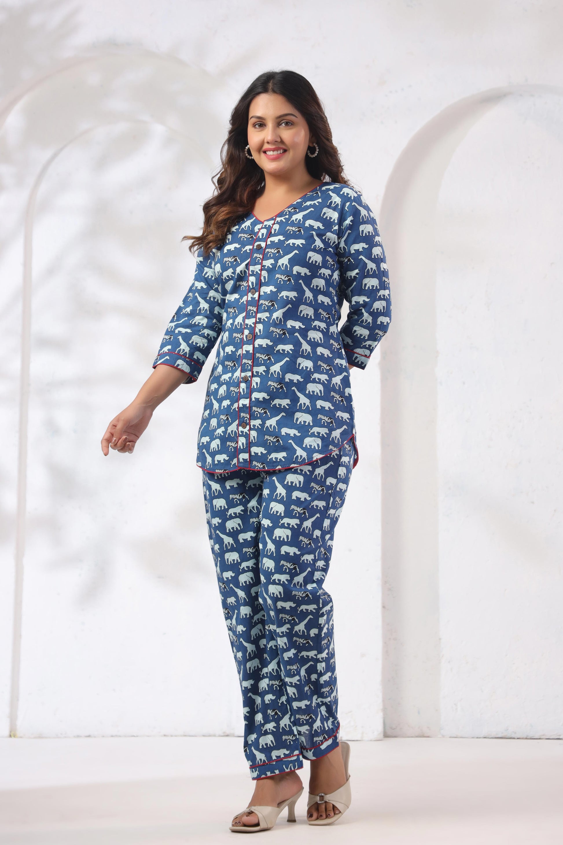 Noor Aura Safari Trail Multicolor Printed Cotton Co-Ord Set with V-neck crop top and wide-leg pants - Karpaa