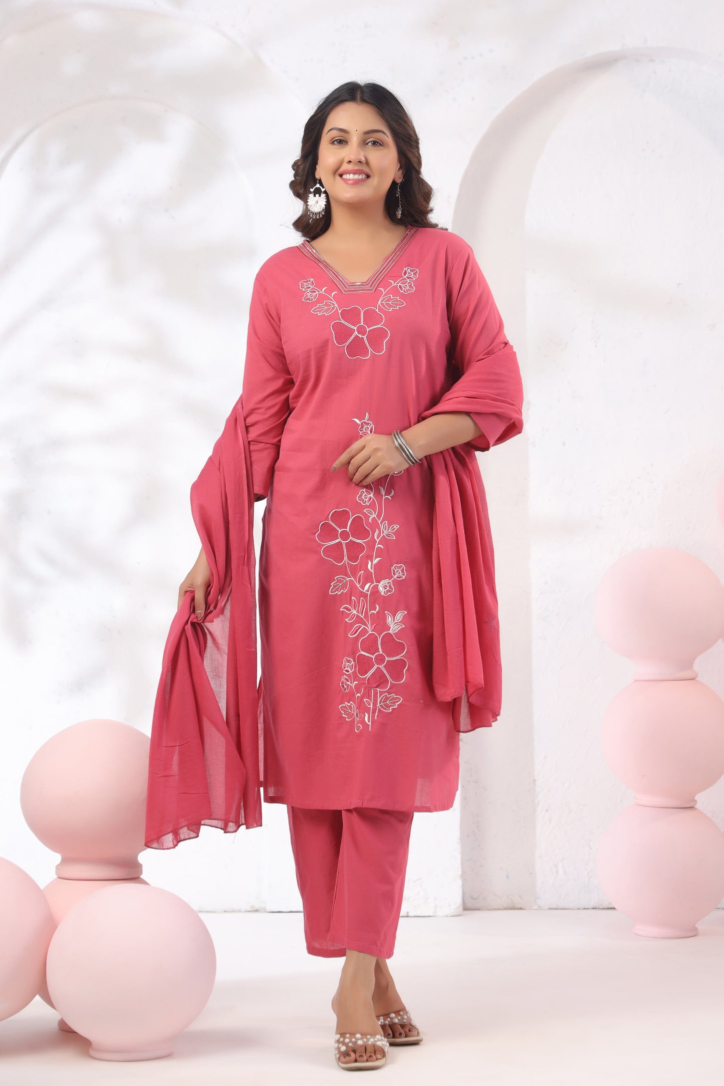 blush bloom embroidered cotton kurta set for women

