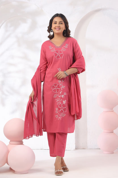 blush bloom embroidered cotton kurta set for women

