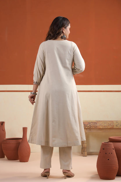 Back view of Rang Ease Desert Charm full sleeve straight-cut kurta set in desert beige with side pockets – Karpaa.in