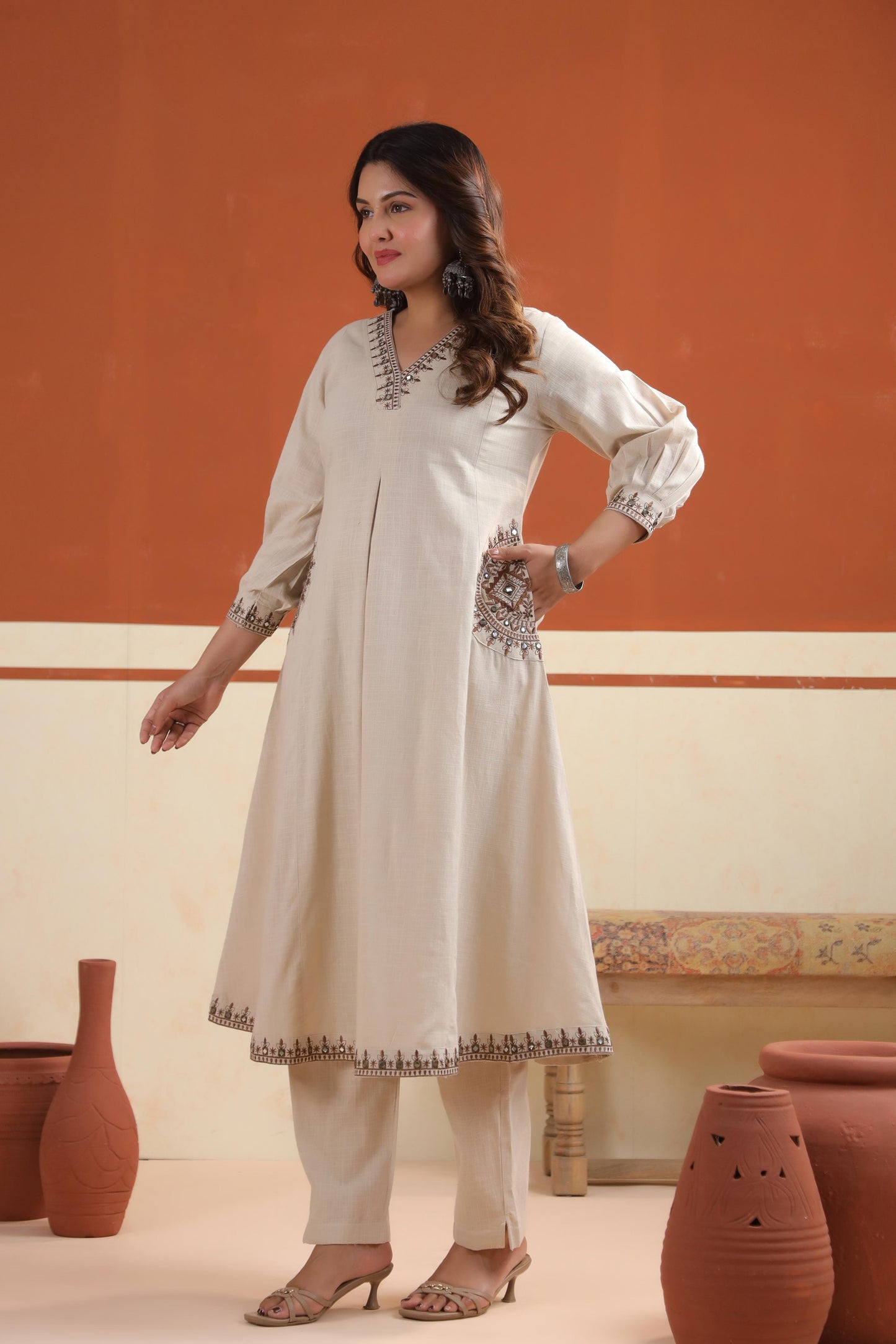 Side view of Rang Ease Desert Charm full sleeve straight-cut kurta set in desert beige with side pockets – Karpaa.in