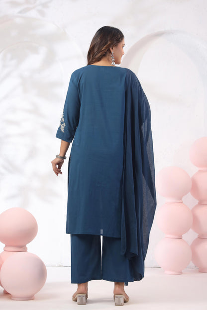 Rang Ease Indigo Heron Embroidered Cotton Kurta Set