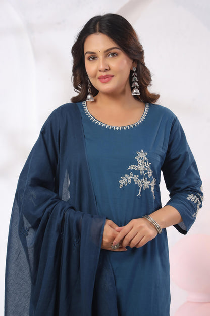 Rang Ease Indigo Heron Embroidered Cotton Kurta Set