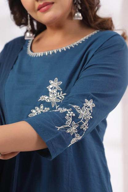 Rang Ease Indigo Heron Embroidered Cotton Kurta Set