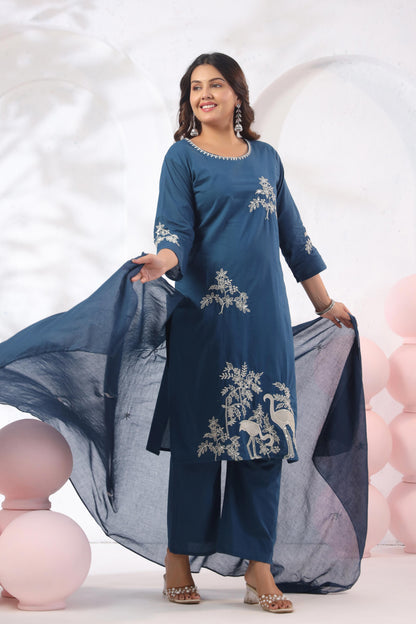 Rang Ease Indigo Heron Embroidered Cotton Kurta Set