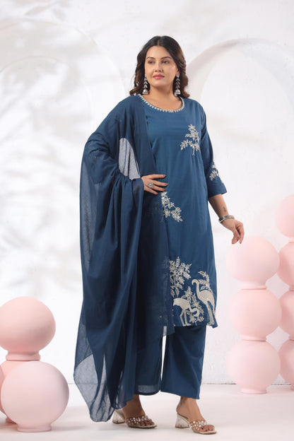 Rang Ease Indigo Heron Embroidered Cotton Kurta Set