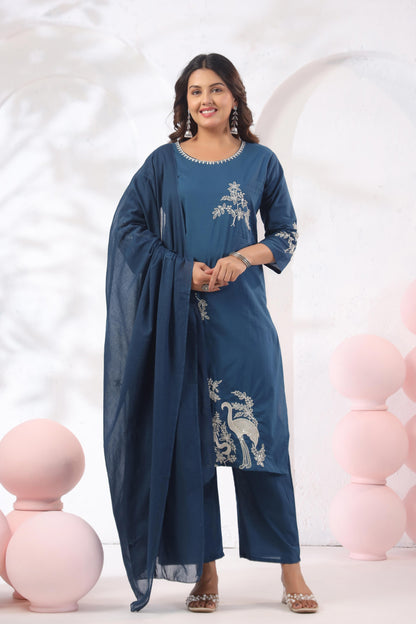 Rang Ease Indigo Heron Embroidered Cotton Kurta Set