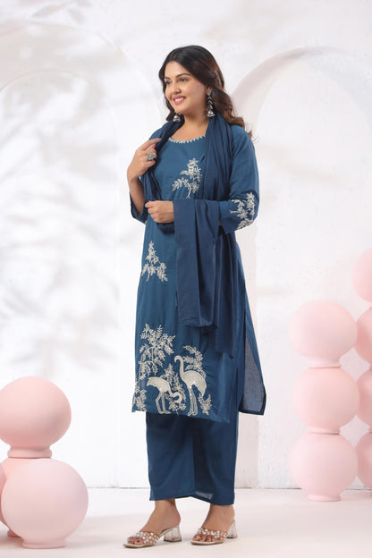 Rang Ease Indigo Heron Embroidered Cotton Kurta Set