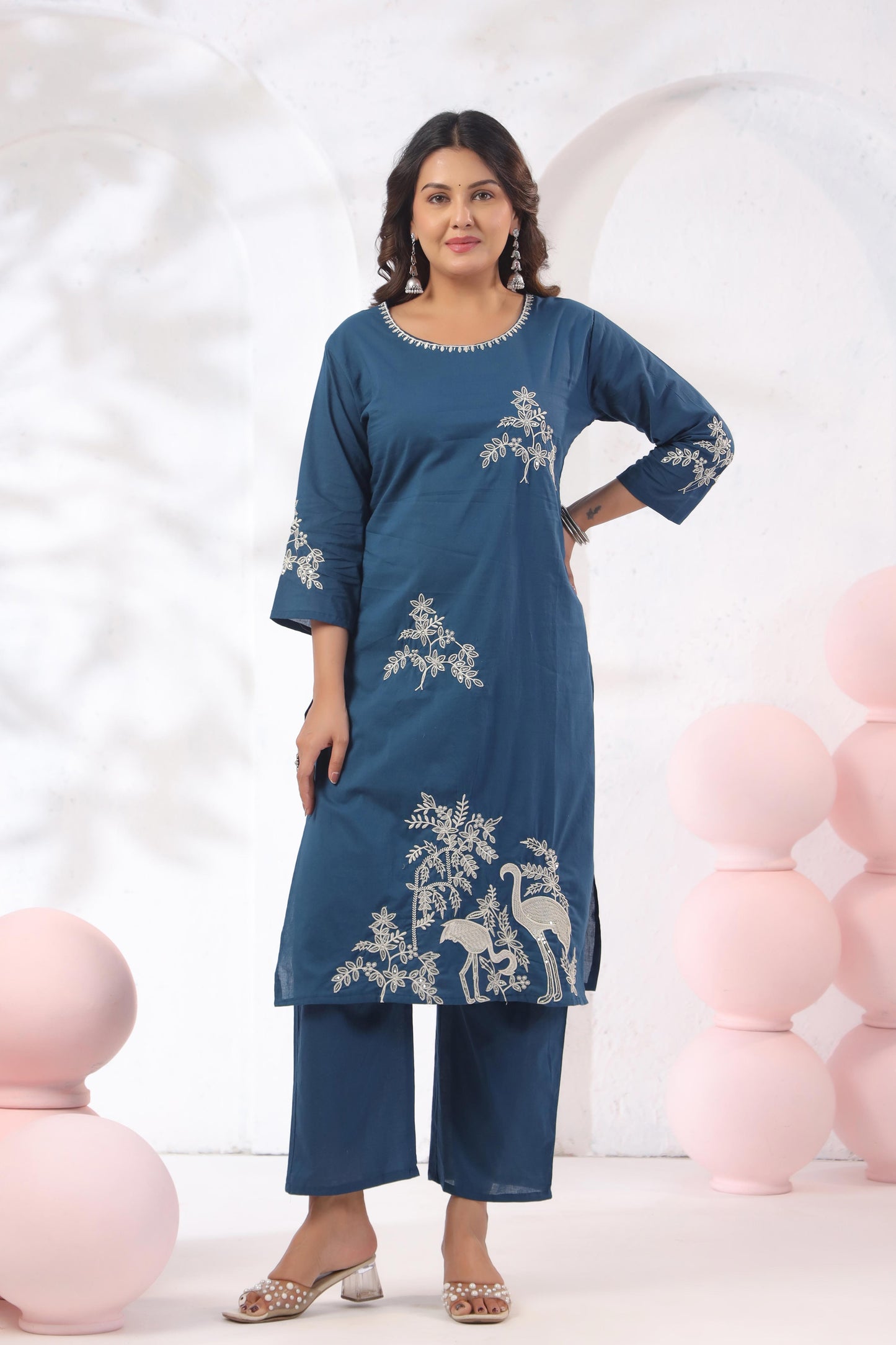 Rang Ease Indigo Heron Embroidered Cotton Kurta Set