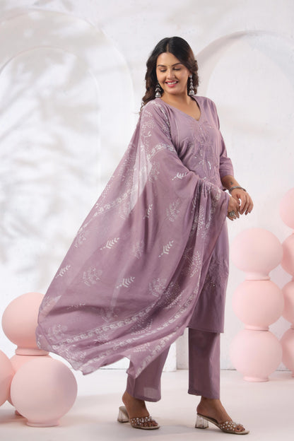 Rang Ease Mauve Floral Embroidered Cotton Kurta Set