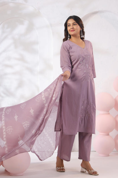 Rang Ease Mauve Floral Embroidered Cotton Kurta Set