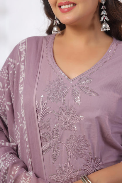 Rang Ease Mauve Floral Embroidered Cotton Kurta Set