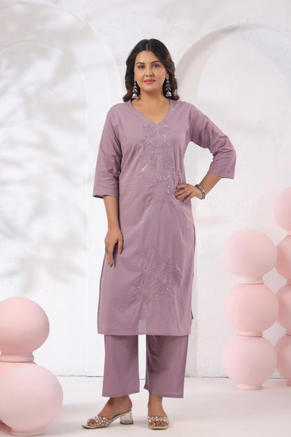 Rang Ease Mauve Floral Embroidered Cotton Kurta Set