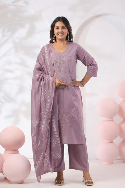 Rang Ease Mauve Floral Embroidered Cotton Kurta Set