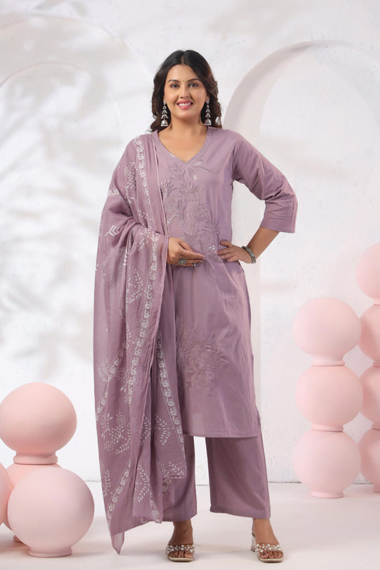 Rang Ease Mauve Floral Embroidered Cotton Kurta Set