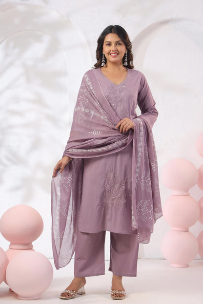 Rang Ease Mauve Floral Embroidered Cotton Kurta Set