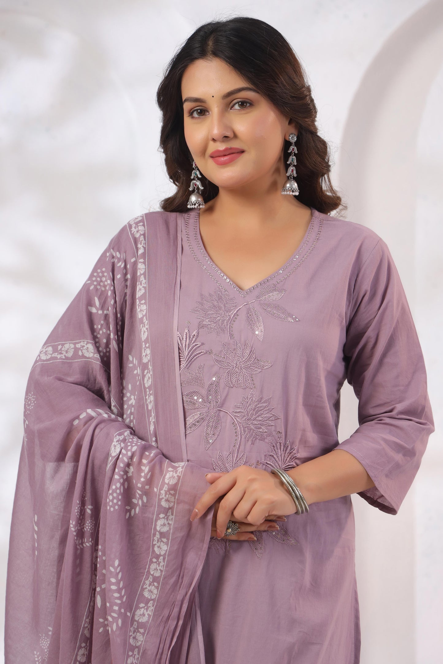 Rang Ease Mauve Floral Embroidered Cotton Kurta Set