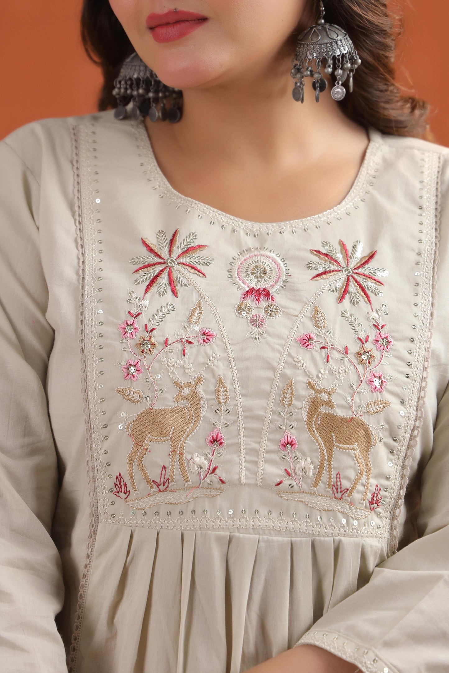 Rang Ease Meadow Deer Embroidered Cotton Kurta Set