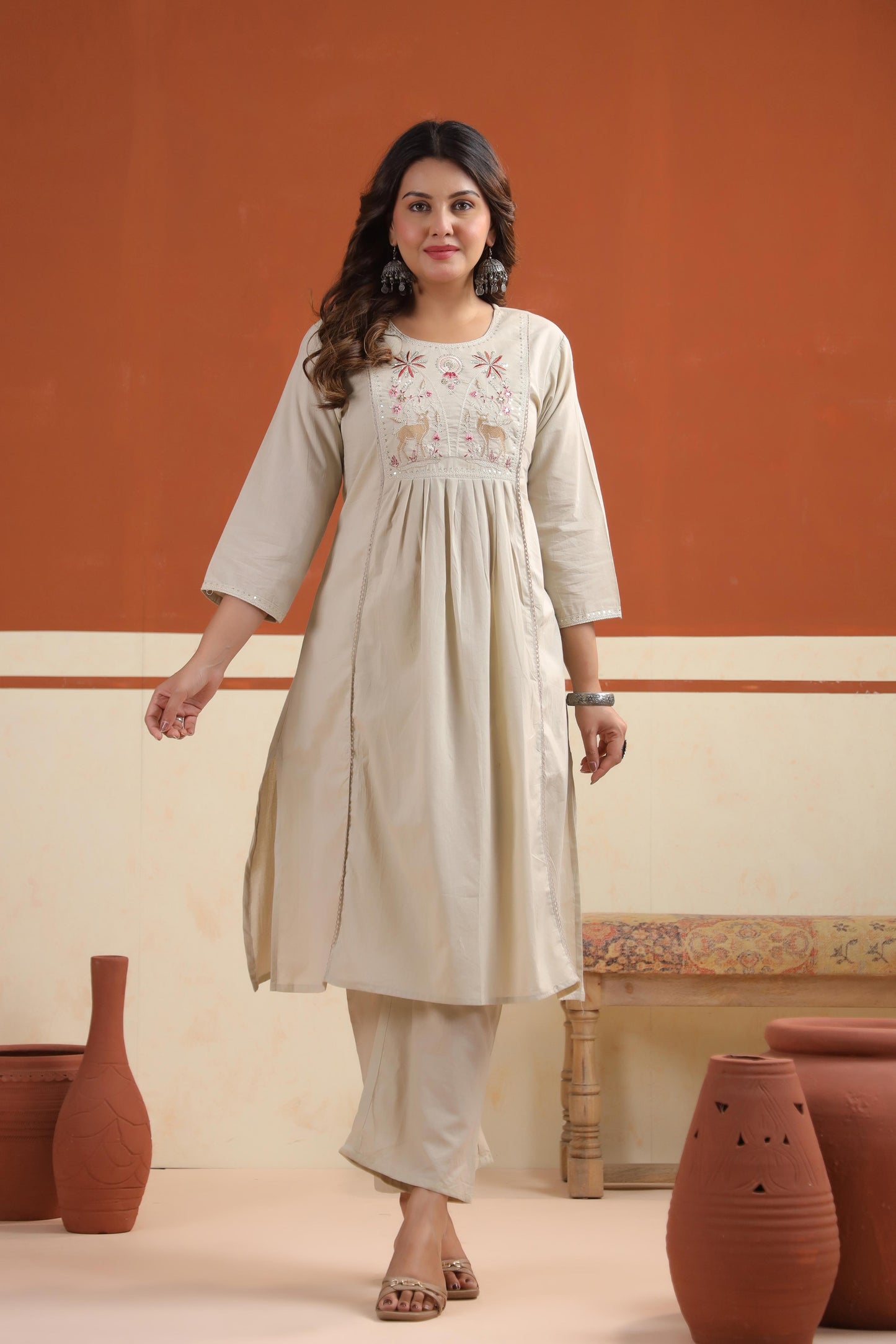 Rang Ease Meadow Deer Embroidered Cotton Kurta Set