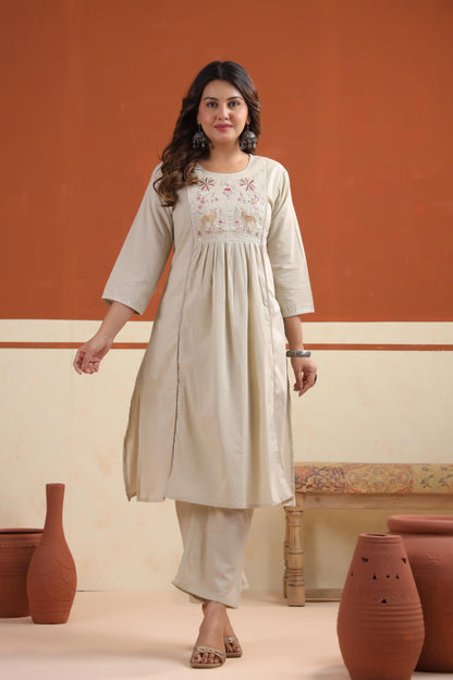 Rang Ease Meadow Deer Embroidered Cotton Kurta Set