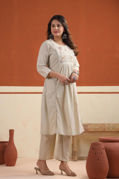 Rang Ease Meadow Deer Embroidered Cotton Kurta Set