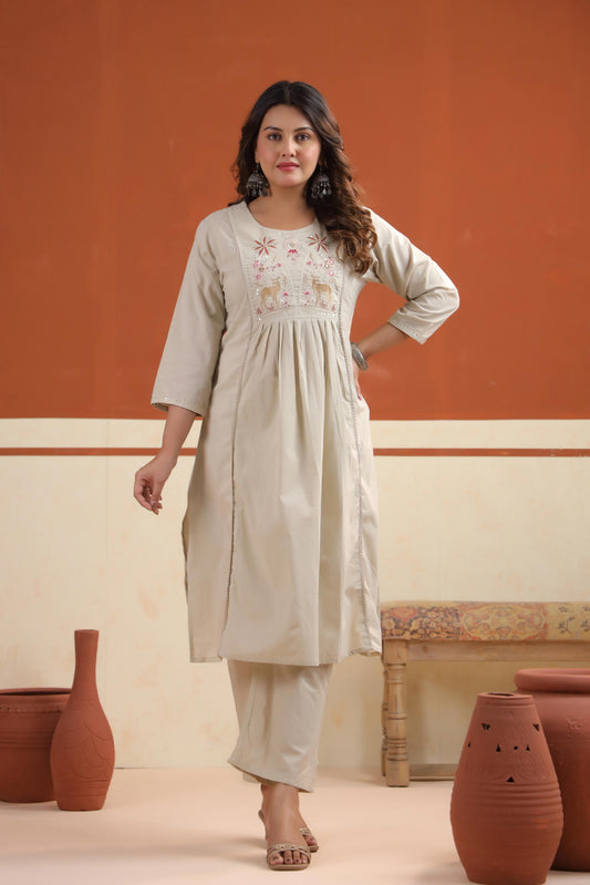 Rang Ease Meadow Deer Embroidered Cotton Kurta Set