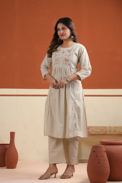 Rang Ease Meadow Deer Embroidered Cotton Kurta Set
