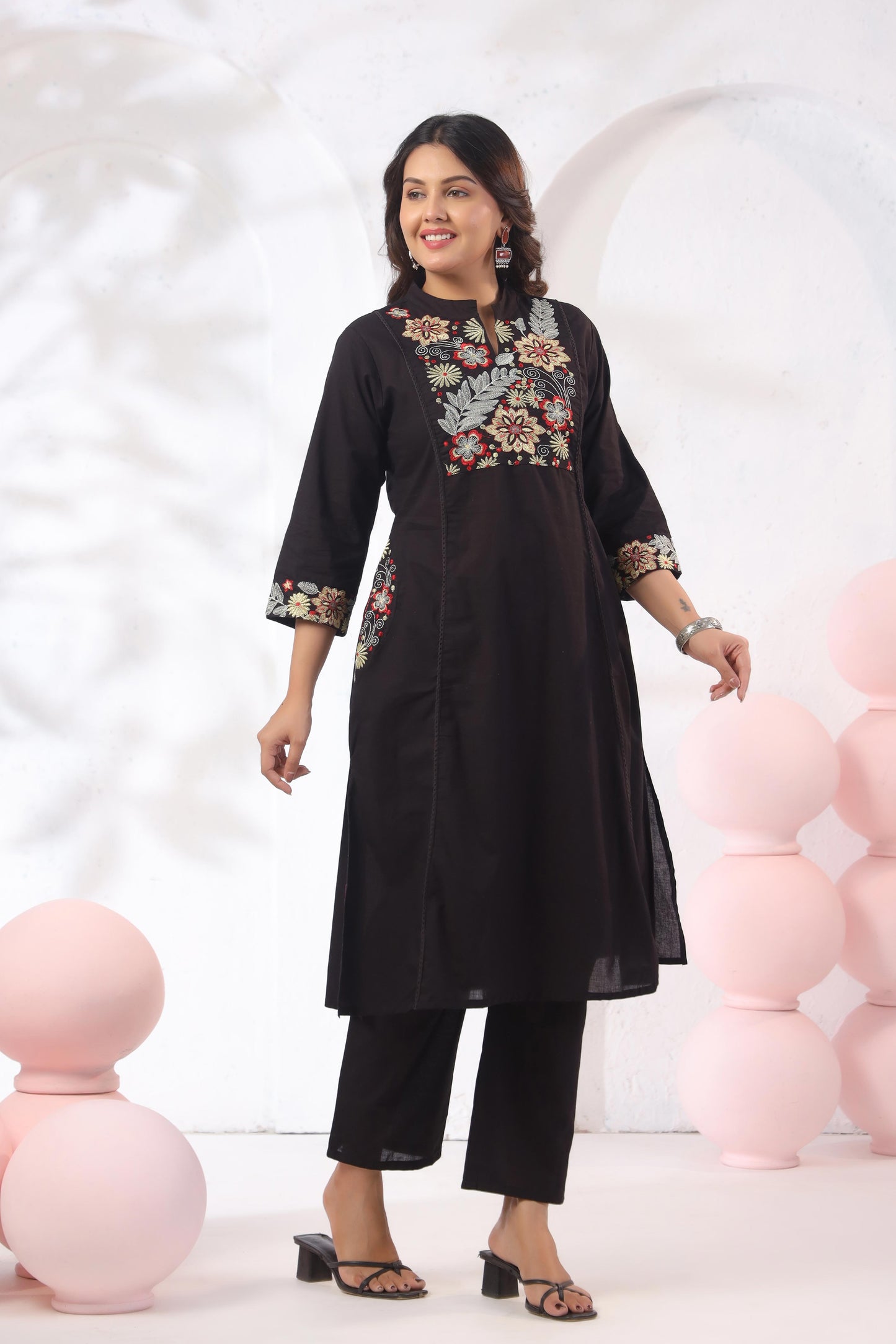Rang Ease Midnight Floral Embroidered Cotton Kurta Set