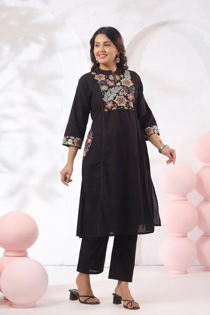 Rang Ease Midnight Floral Embroidered Cotton Kurta Set