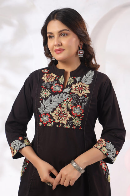 Rang Ease Midnight Floral Embroidered Cotton Kurta Set