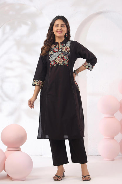 Rang Ease Midnight Floral Embroidered Cotton Kurta Set