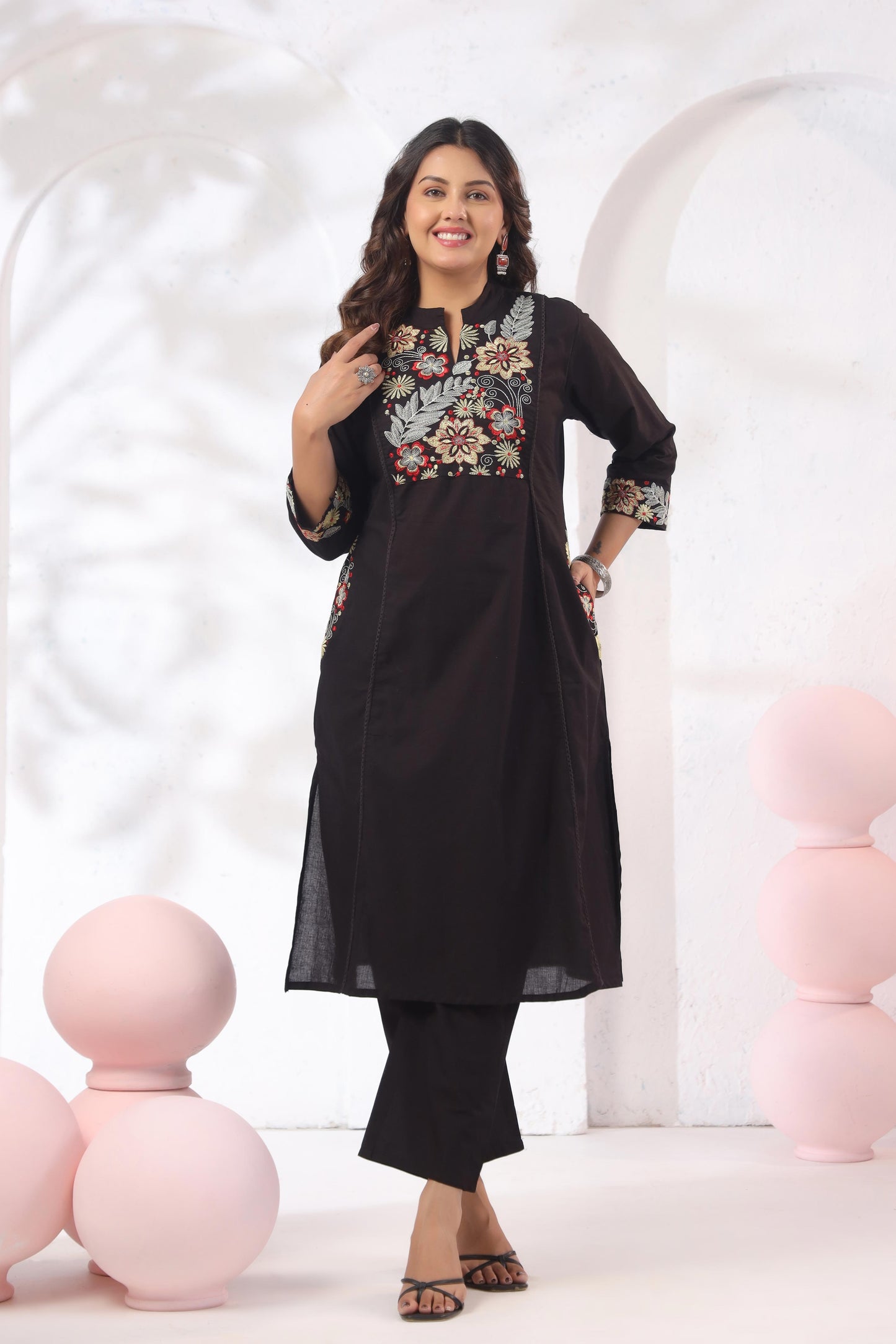 Rang Ease Midnight Floral Embroidered Cotton Kurta Set