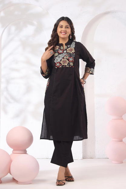 Rang Ease Midnight Floral Embroidered Cotton Kurta Set