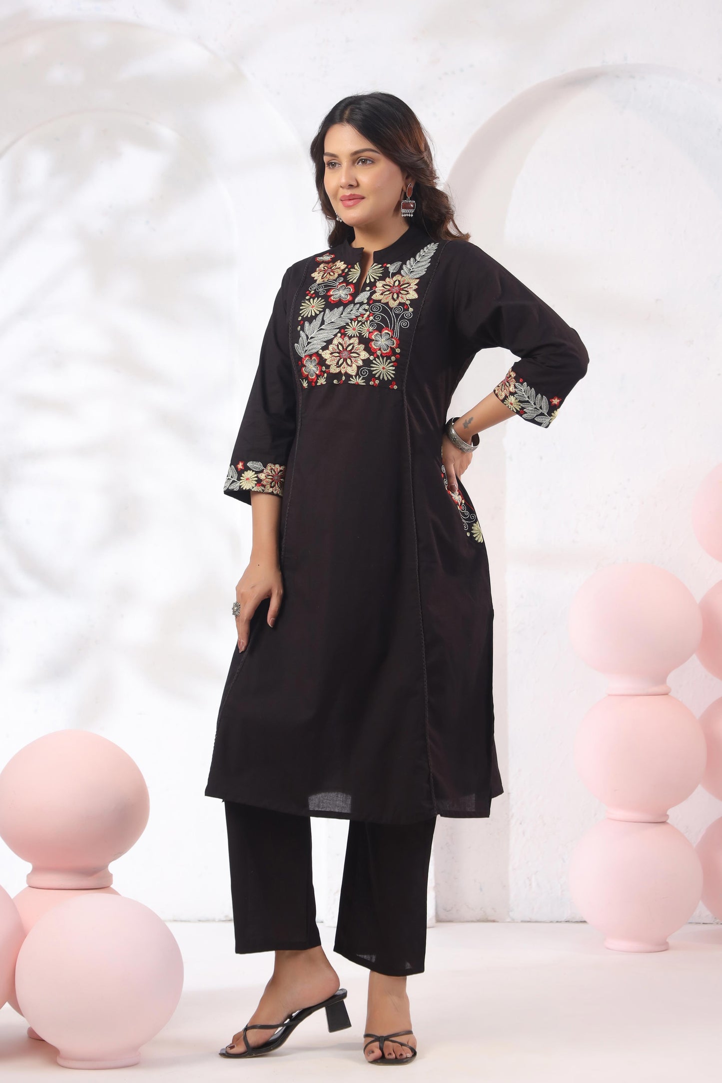 Rang Ease Midnight Floral Embroidered Cotton Kurta Set