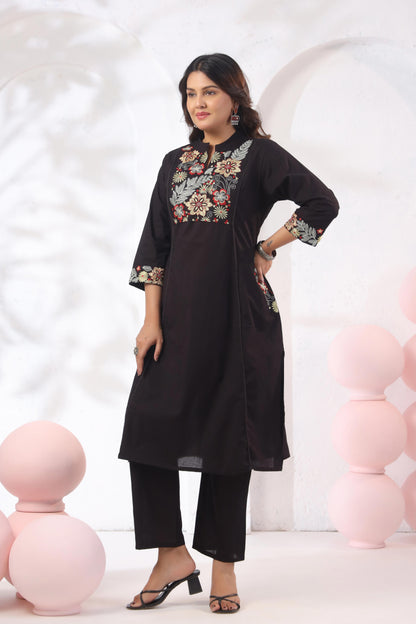 Rang Ease Midnight Floral Embroidered Cotton Kurta Set