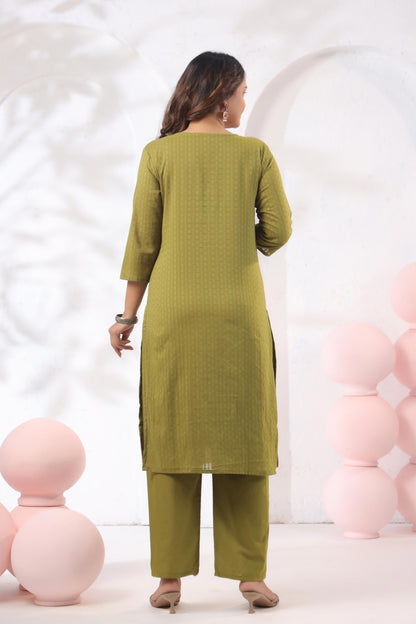 Rang Ease Olive Leaf Embroidered Cotton Kurta Set