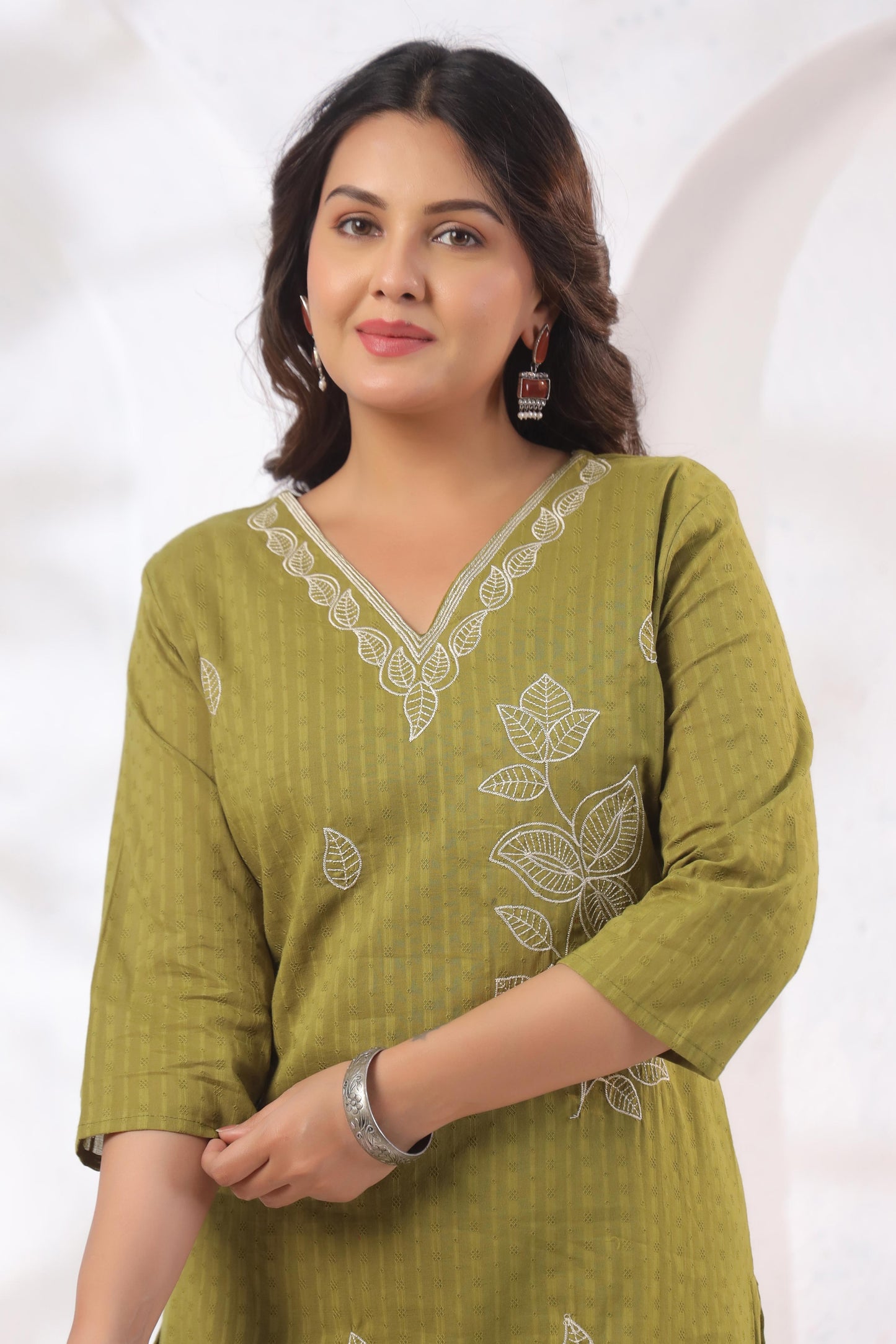 Rang Ease Olive Leaf Embroidered Cotton Kurta Set