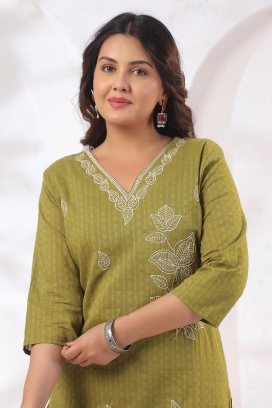 Rang Ease Olive Leaf Embroidered Cotton Kurta Set