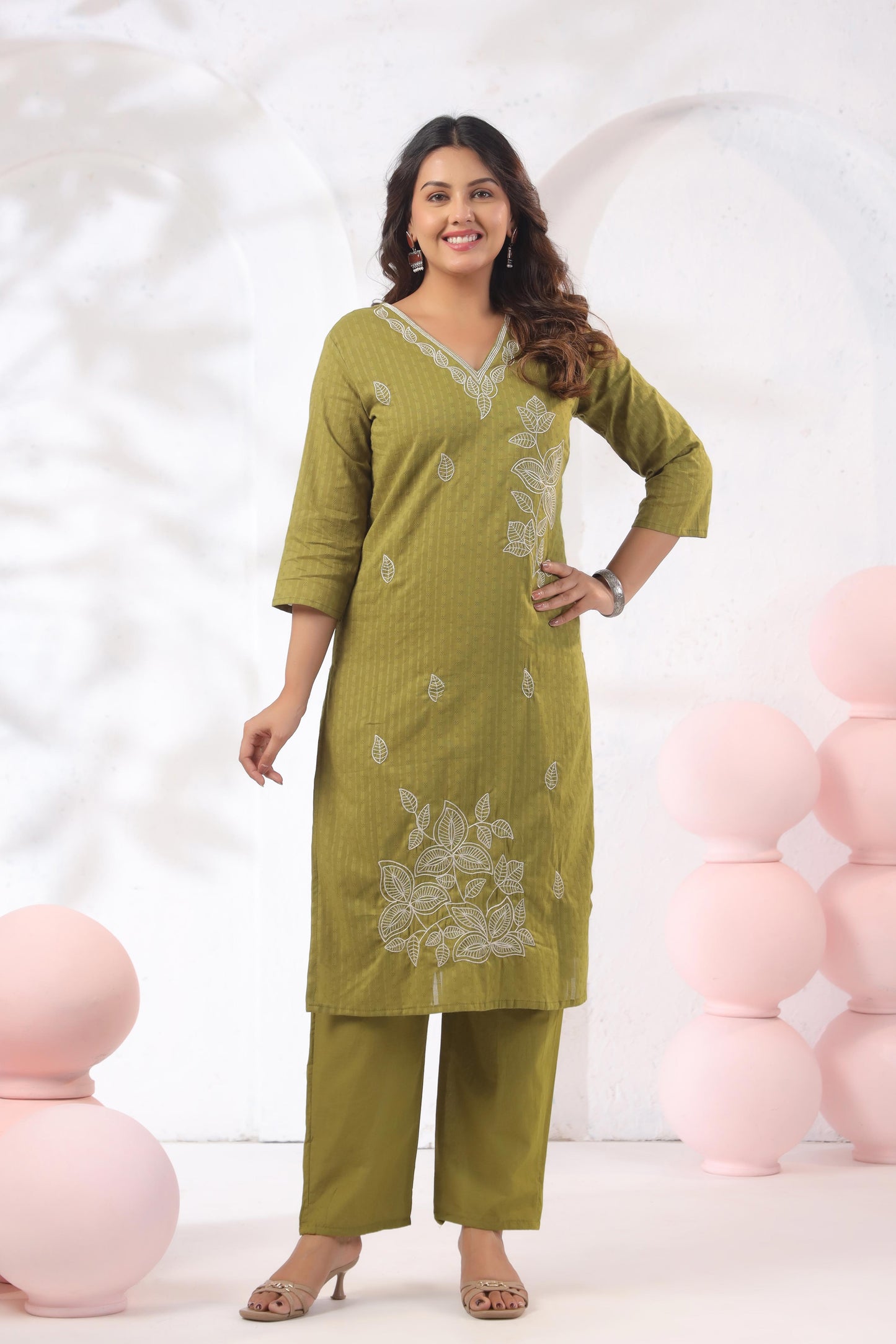 Rang Ease Olive Leaf Embroidered Cotton Kurta Set