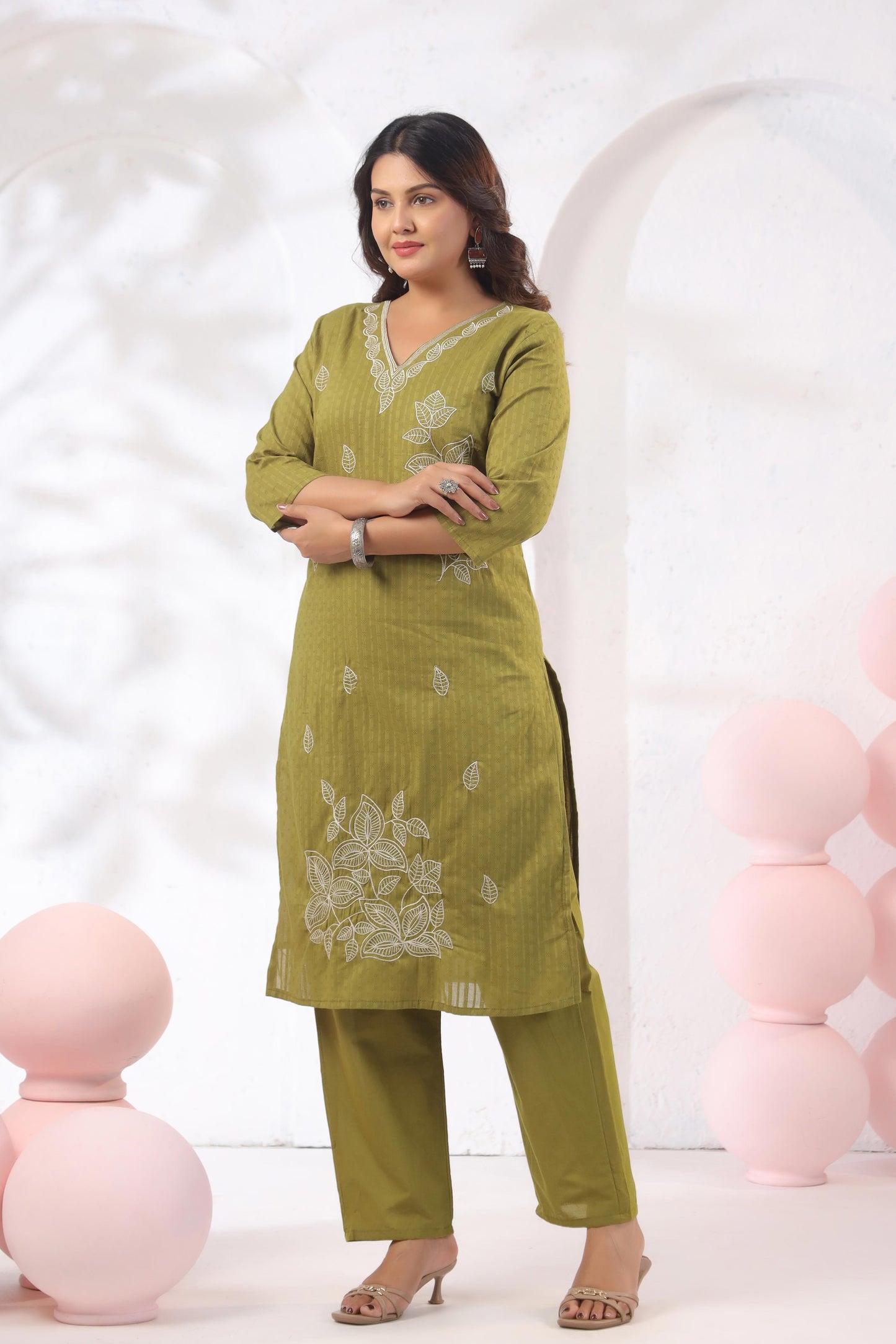 Rang Ease Olive Leaf Embroidered Cotton Kurta Set