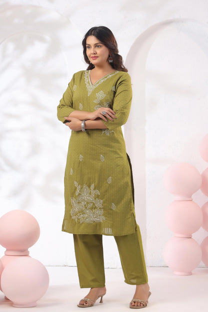 Rang Ease Olive Leaf Embroidered Cotton Kurta Set