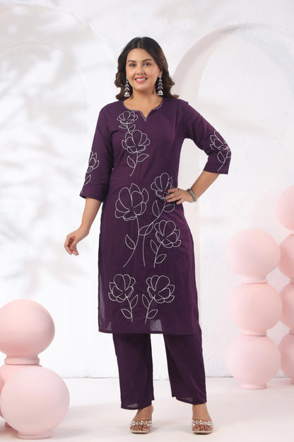 Rang Ease Plum Bloom Embroidered Cotton Kurta Set