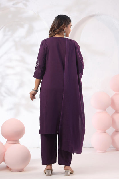 Rang Ease Plum Bloom Embroidered Cotton Kurta Set