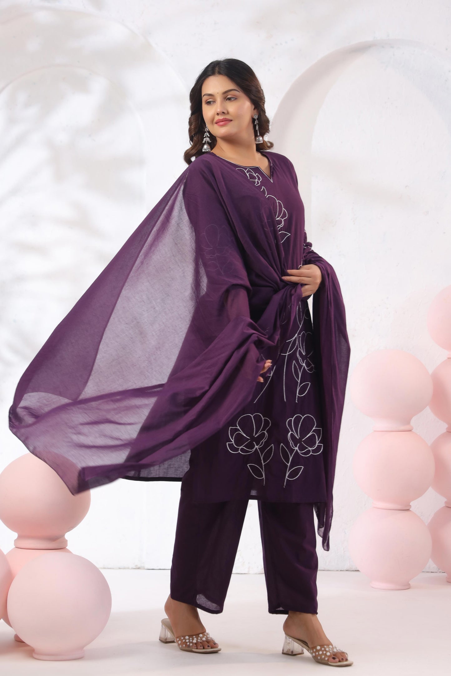 Rang Ease Plum Bloom Embroidered Cotton Kurta Set