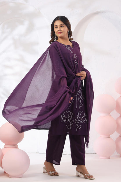 Rang Ease Plum Bloom Embroidered Cotton Kurta Set