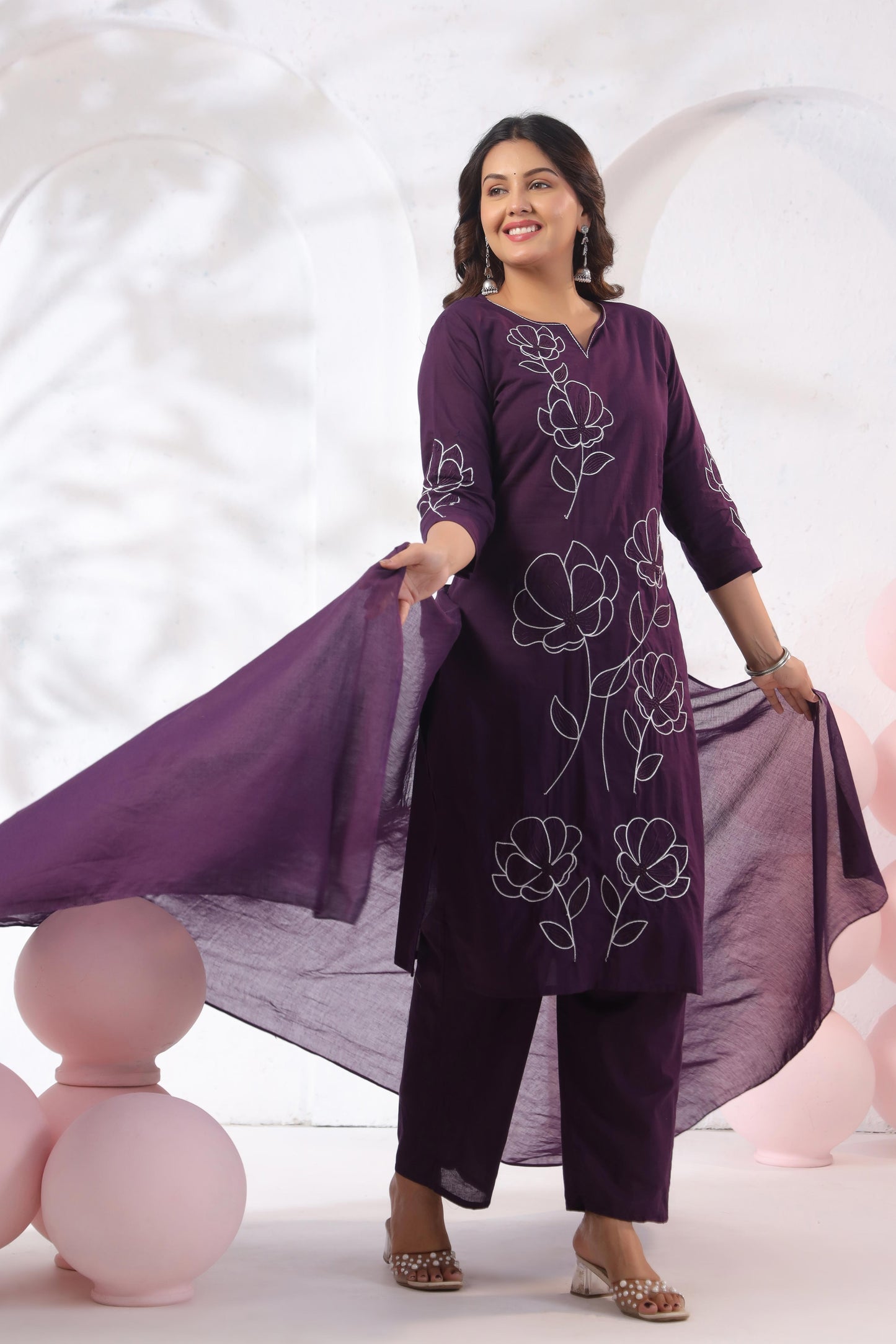 Rang Ease Plum Bloom Embroidered Cotton Kurta Set