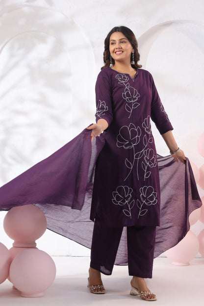 Rang Ease Plum Bloom Embroidered Cotton Kurta Set