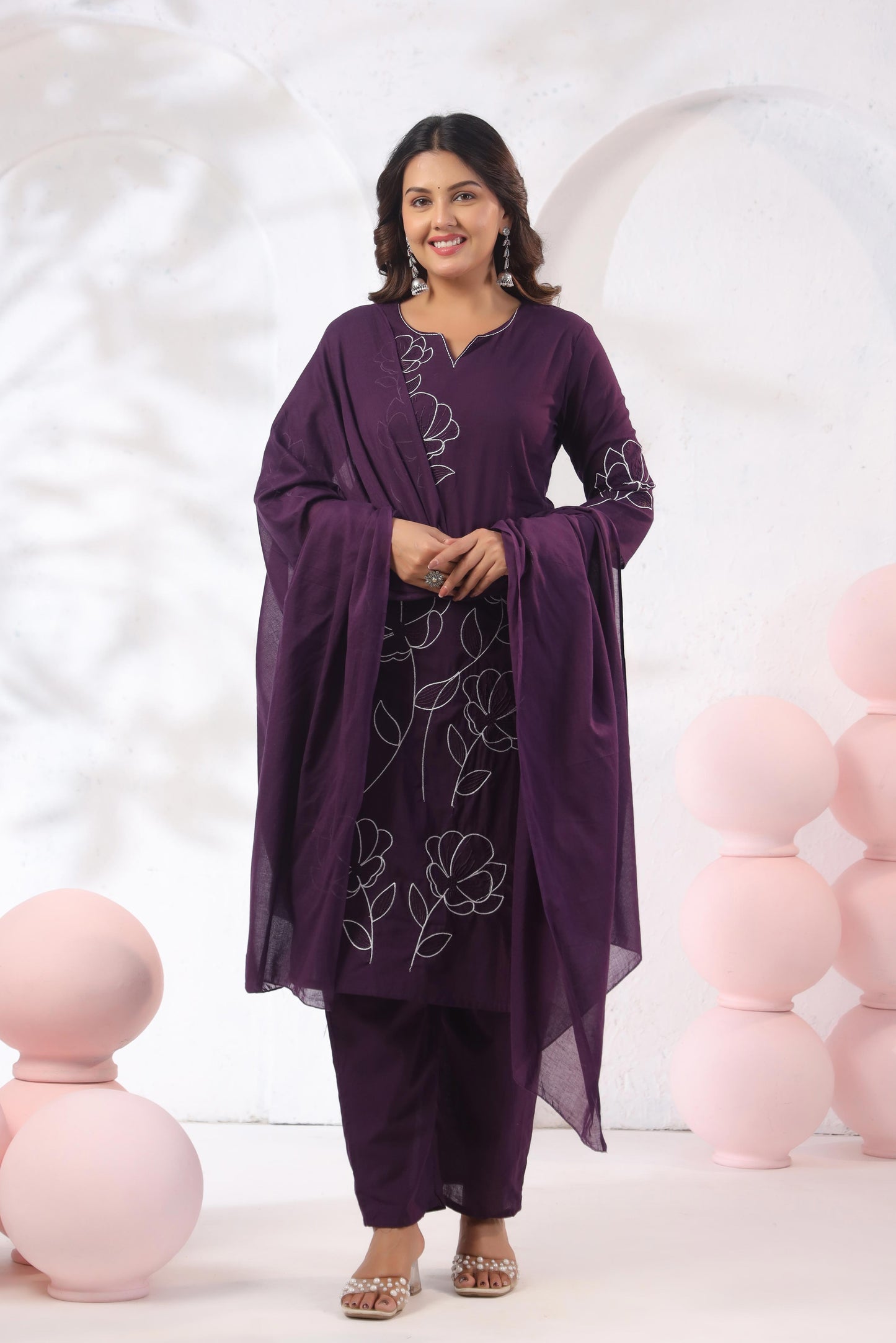 Rang Ease Plum Bloom Embroidered Cotton Kurta Set