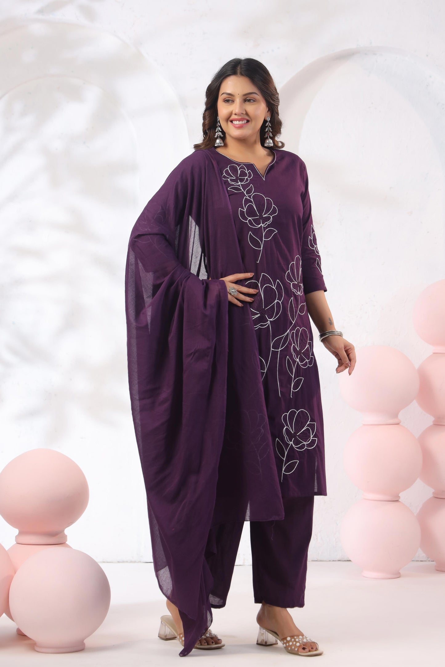 Rang Ease Plum Bloom Embroidered Cotton Kurta Set