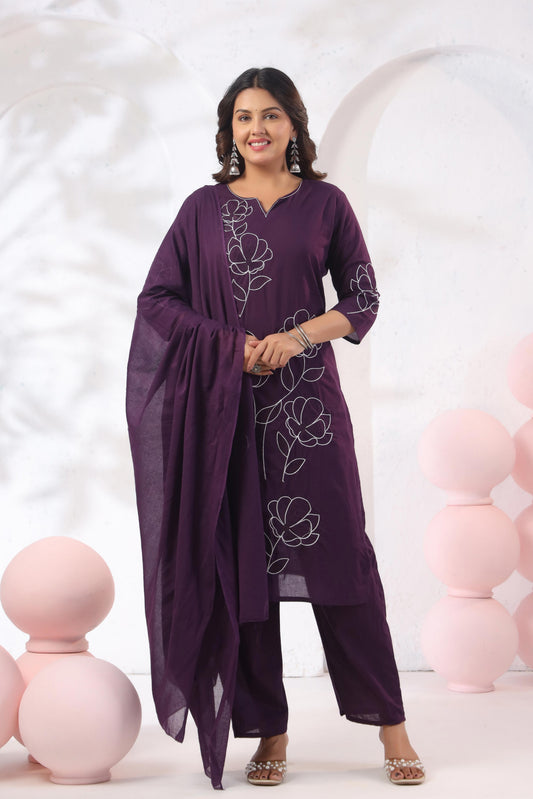 Rang Ease Plum Bloom Embroidered Cotton Kurta Set